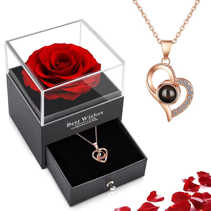 Projection Necklace Set with Rose Gift Box 100 Languages I Love You Heart Pendant Jewelry 2024 for Girlfriend Gifts Dropshipping