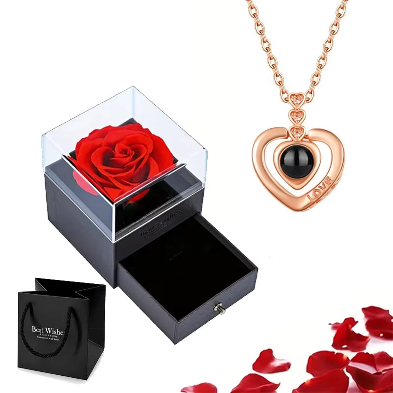 Projection Necklace Set with Rose Gift Box 100 Languages I Love You Heart Pendant Jewelry 2024 for Girlfriend Gifts Dropshipping