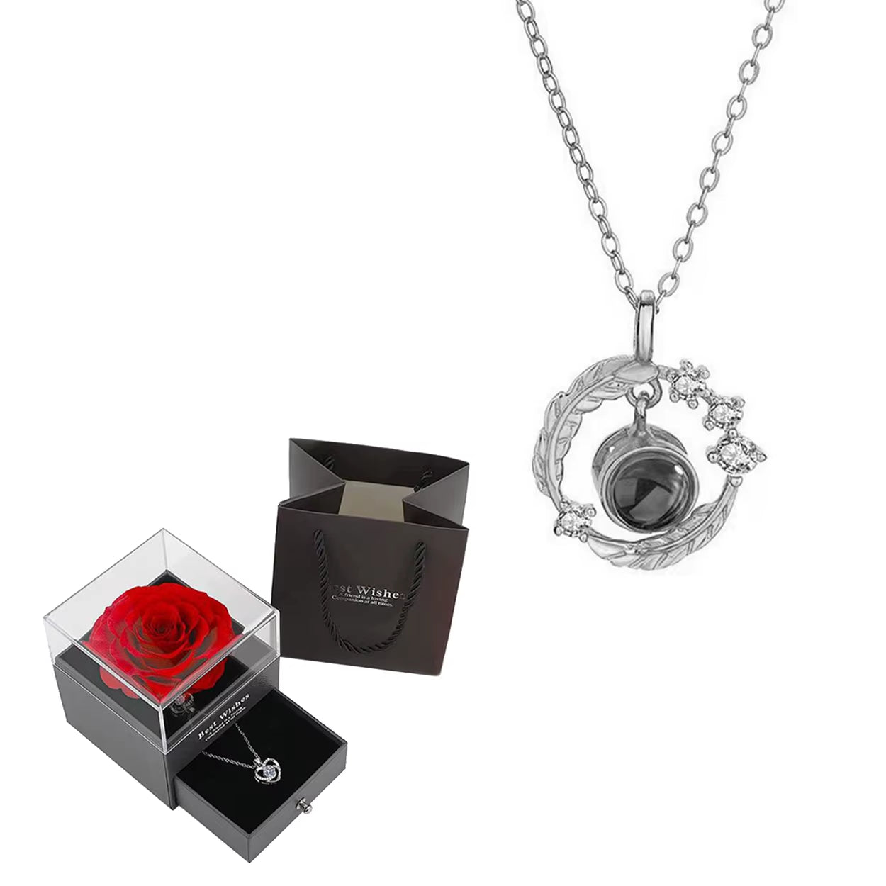 Projection Necklace Set with Rose Gift Box 100 Languages I Love You Heart Pendant Jewelry 2024 for Girlfriend Gifts Dropshipping