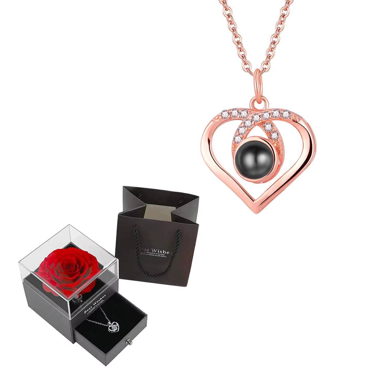 Projection Necklace Set with Rose Gift Box 100 Languages I Love You Heart Pendant Jewelry 2024 for Girlfriend Gifts Dropshipping